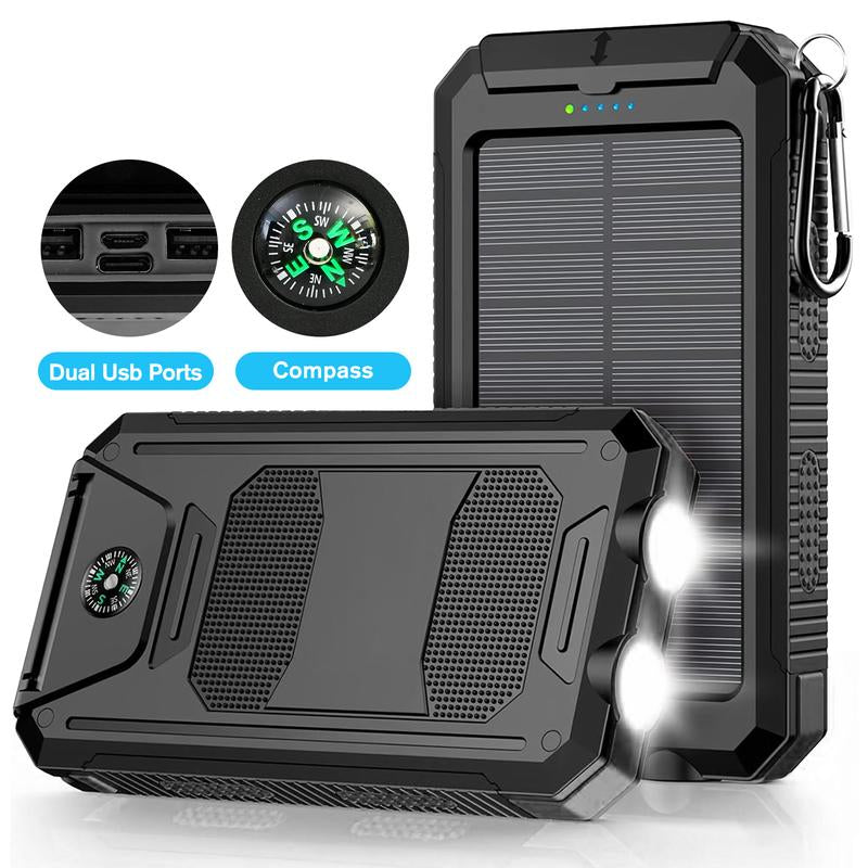 20000Mah Solar Power Bank,Portable Solar Charger with Dual USB Outputs, LED Flashlight, Fast Charging for Iphone/Android/Samsung, Portable Charger with Compass,Carabiner