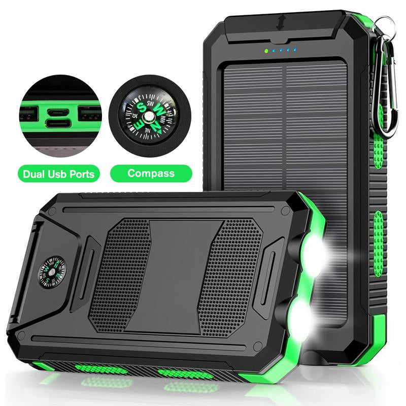 20000Mah Solar Power Bank,Portable Solar Charger with Dual USB Outputs, LED Flashlight, Fast Charging for Iphone/Android/Samsung, Portable Charger with Compass,Carabiner