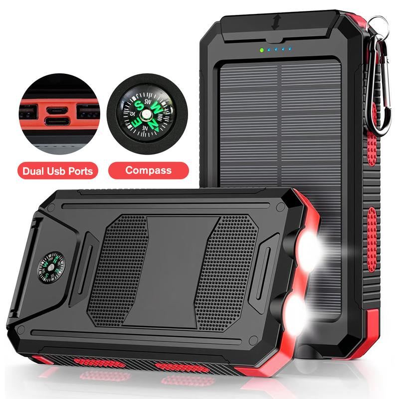 20000Mah Solar Power Bank,Portable Solar Charger with Dual USB Outputs, LED Flashlight, Fast Charging for Iphone/Android/Samsung, Portable Charger with Compass,Carabiner
