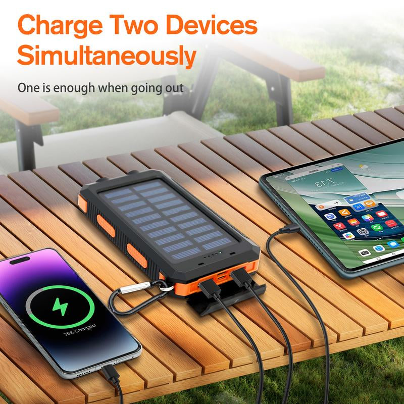 20000Mah Solar Power Bank,Portable Solar Charger with Dual USB Outputs, LED Flashlight, Fast Charging for Iphone/Android/Samsung, Portable Charger with Compass,Carabiner