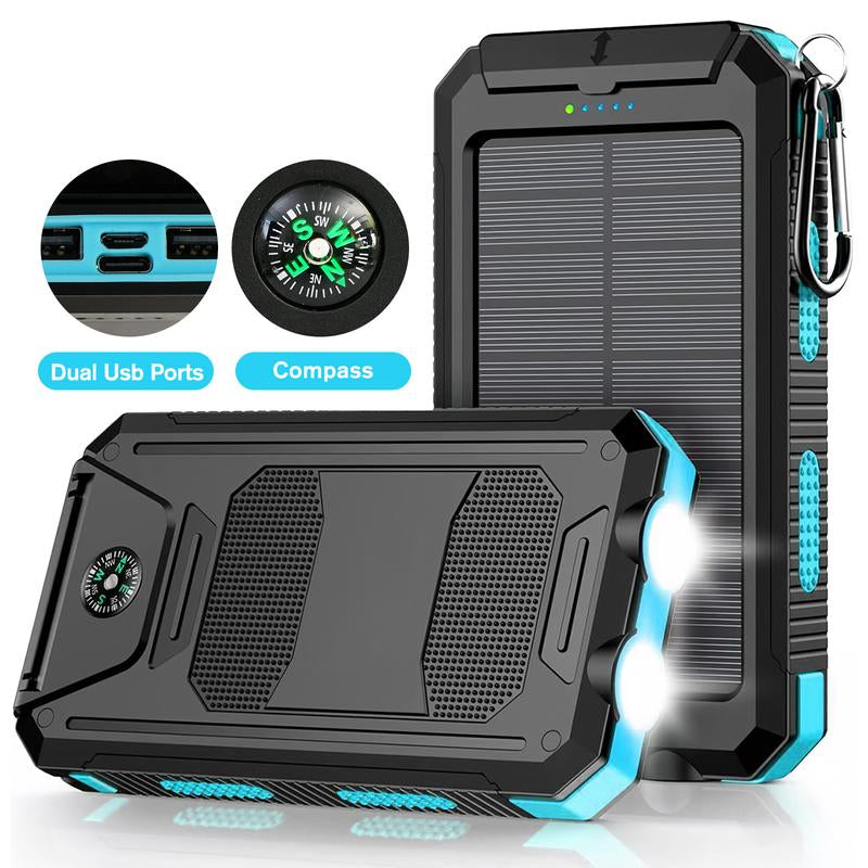 20000Mah Solar Power Bank,Portable Solar Charger with Dual USB Outputs, LED Flashlight, Fast Charging for Iphone/Android/Samsung, Portable Charger with Compass,Carabiner