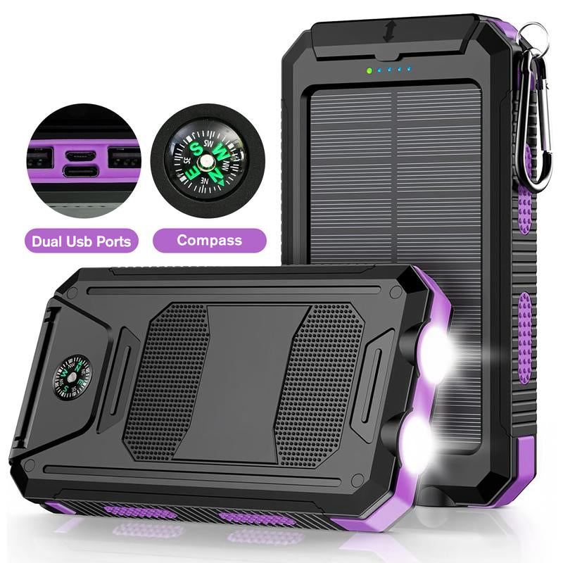 20000Mah Solar Power Bank,Portable Solar Charger with Dual USB Outputs, LED Flashlight, Fast Charging for Iphone/Android/Samsung, Portable Charger with Compass,Carabiner