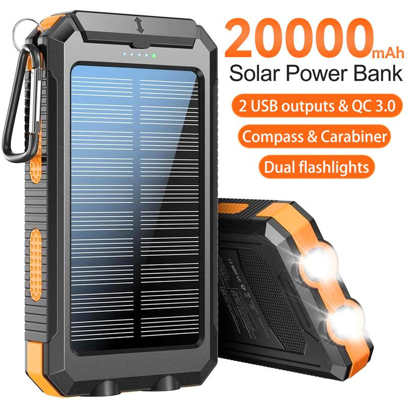 20000Mah Solar Power Bank,Portable Solar Charger with Dual USB Outputs, LED Flashlight, Fast Charging for Iphone/Android/Samsung, Portable Charger with Compass,Carabiner