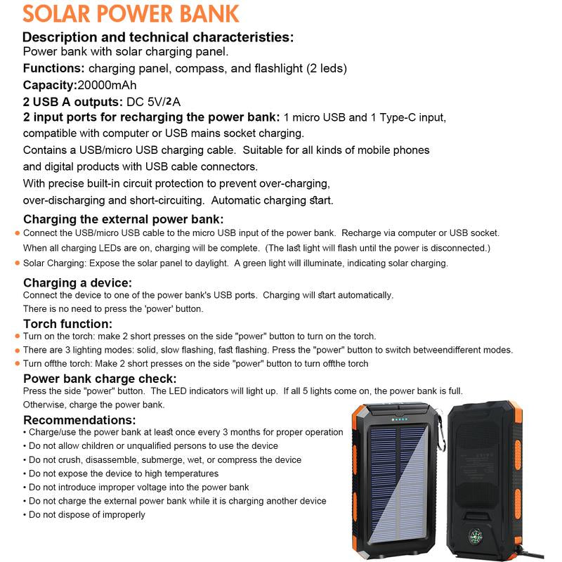 20000Mah Solar Power Bank,Portable Solar Charger with Dual USB Outputs, LED Flashlight, Fast Charging for Iphone/Android/Samsung, Portable Charger with Compass,Carabiner