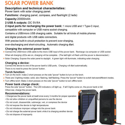 20000Mah Solar Power Bank,Portable Solar Charger with Dual USB Outputs, LED Flashlight, Fast Charging for Iphone/Android/Samsung, Portable Charger with Compass,Carabiner