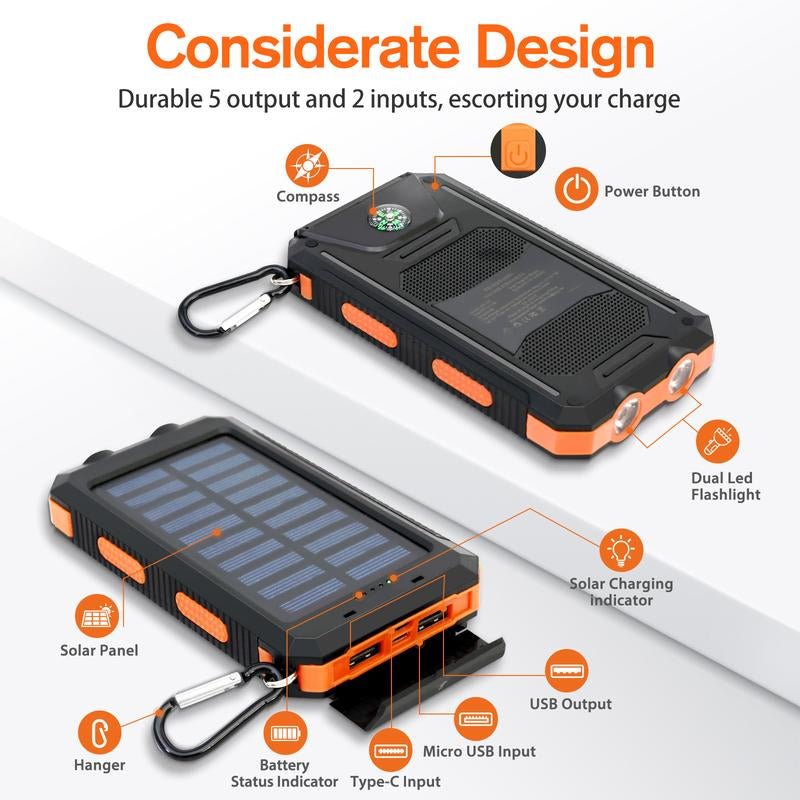 20000Mah Solar Power Bank,Portable Solar Charger with Dual USB Outputs, LED Flashlight, Fast Charging for Iphone/Android/Samsung, Portable Charger with Compass,Carabiner