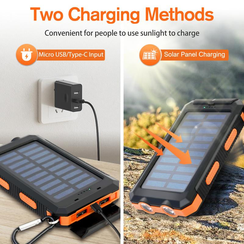 20000Mah Solar Power Bank,Portable Solar Charger with Dual USB Outputs, LED Flashlight, Fast Charging for Iphone/Android/Samsung, Portable Charger with Compass,Carabiner