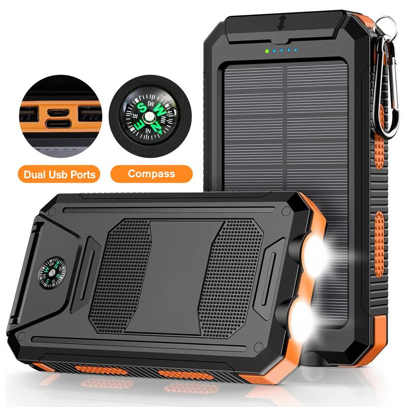 20000Mah Solar Power Bank,Portable Solar Charger with Dual USB Outputs, LED Flashlight, Fast Charging for Iphone/Android/Samsung, Portable Charger with Compass,Carabiner